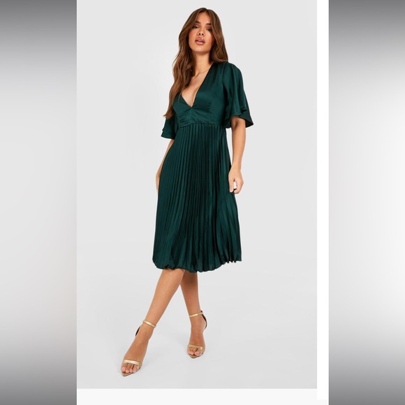 Satin Pleated Plunge Occasion Midi Dress Emerald 🌳 - Picture 1 of 1